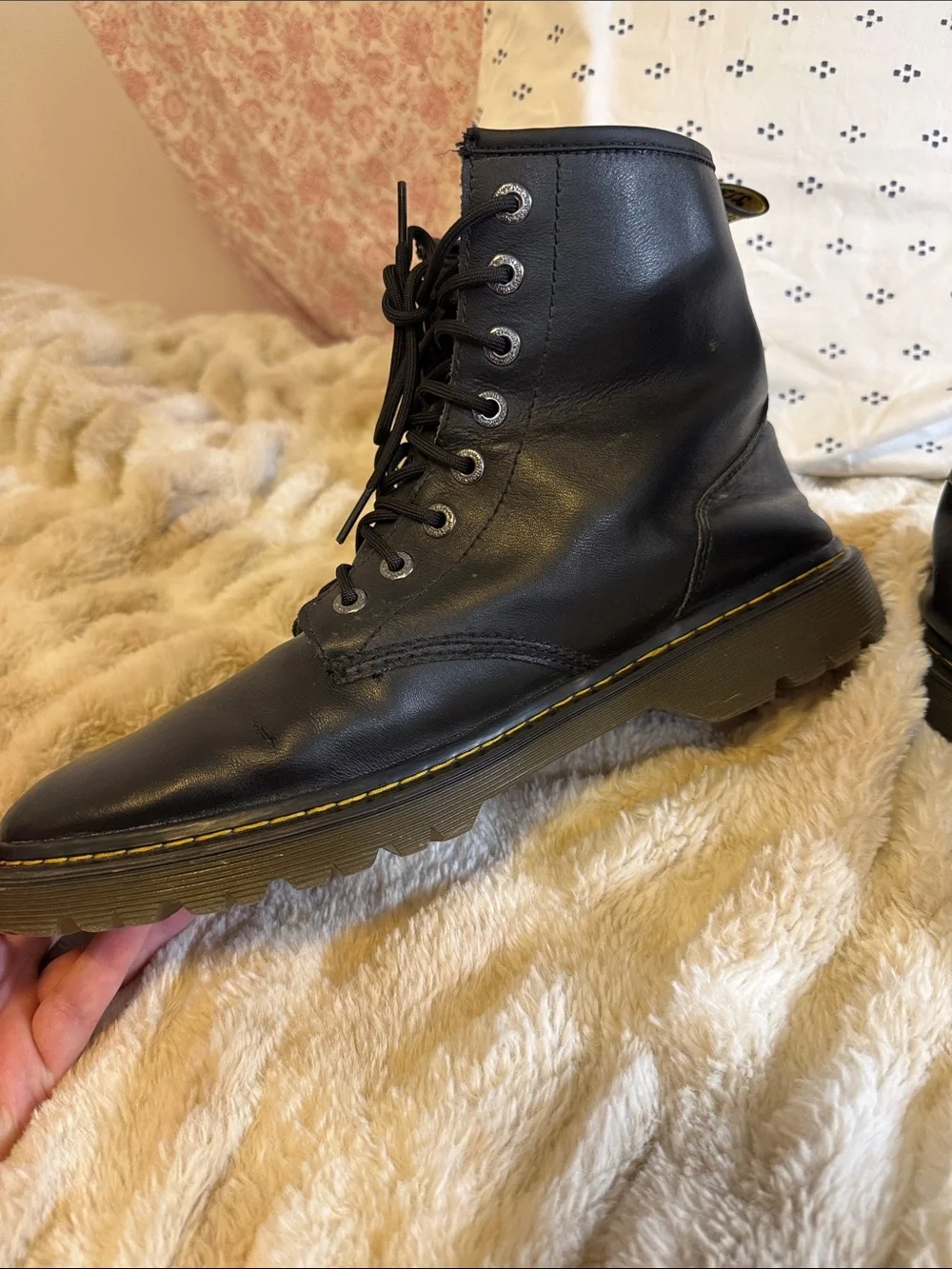 Dr. Martens Awley Black Leather Lace-Up Combat Boots with Yellow Stitch Nwot